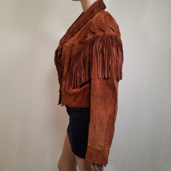 Vintage 90s Fringed Suede Jacket Size M Tan Brown Western Boho Short Cropped - Picture 7 of 13